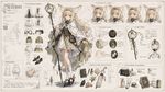 Suzuran Arknights. Generate a Full Character Concept Sheet based on the image. The final artwork should include: A full-body illustration of the character in the center. Surrounding breakdowns of: outfit layers, facial expressions, undergarments, material/texture close-ups, core props, lifestyle items and accessories. Layout: Center: main full-body character. Around the character: neatly arranged breakdown elements. Use hand-drawn arrows or lines to connect items to relevant parts. Breakdown Components: Clothing Layers: show garments as separate pieces; include inner layers. Expression Sheet: 3-4 headshots showing different emotions. Material Zoom: close-ups of fabric, leather, skin, or accessories. Personal Items: bag + contents, makeup items, daily-use objects that reflect lifestyle.