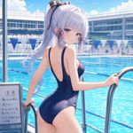 kamisato ayaka, one-piece_swimsuit, high school swimming pool, chromatic aberration subtle