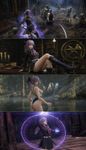 Hiiragi Shinoa from "Owari no Seraph", but she is the player character in "Demon's Souls" (2009, by FROM SOFTWARE and SCE Japan Studio), with her distinctive items set equipped, added with a mod by a Korean modmaker (very high quality shaders and normal maps), iCEnhancer and ENB preset (Cinematic+Natural), on ultra settings, and ultraHD/8K textures overhaul (no Depth of Field; DoF turned off currently), with a HD overhaul for sky

Four screenshots (8K UltraHD resolution, resized down to 4K):
An action camera showing her fighting two Boletarian Soldiers and five Skeletons, at Latria, wielding a scythe and active magic buff (aura), with a Korean mod for alternative combat animations
A staged screenchot, she is posing with a sexy pose, inside a library in Latria
The location is a lake at a forest; instead of her attire, she is wearing a high-cut two-tone one-piece "speedo" swimsuit (added with a separate mod) and holds a Crystal Staff
The location is inside Boletaria Castle, the moment is when she casts a spell for a powerful high-end buff (with a separate mod for alternative magic system)