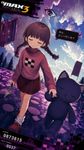 a vibrant lively artwork in style of "DJ Max Portable 3" for PSP. close-up view, dutch angle, perspective foreshortening, it features Madotsuki from "Yume Nikki", with her eyes closed, with a sleepy and serene look, walking through realm of a dream with distant pines and clouds, together iwth a large plush cat, holding him by paw an talking to him, while holding a knife in her other hand lowered