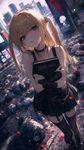 a vibrant lively artwork in style of Cytus by Rayark. close-up view, dutch angle, perspective foreshortening, it features Amane Misa cluthing Death Note at her chest, standing over dozens of bodies in the middle of downtown, confused and pouting