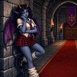 an image in the exact technique and art direction (non-pixelated, high-definition smoothly-done pixelwork with a perfect smooth upscaler applied, NOT pixelized) of in-game graphics assets (like in its sprites and textures) from the 1994 game "Warcraft II: Tides of Darkness" (MS-DOS) by Blizzard, with vibrant SVGA (NOT 16-bit) colors. a succubus schoolgirl in empty hall, leaning to a wall with a bored look