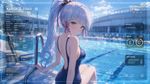 kamisato ayaka, one-piece_swimsuit, high school swimming pool, chromatic aberration subtle, modern HUD interface