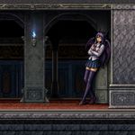 an image in the exact technique and art direction (non-pixelated, high-definition smoothly-done pixelwork with a perfect smooth upscaler applied, NOT pixelized) of in-game graphics assets (like in its sprites and textures) from the 1997 game "Castlevania: Symphony of the Night" (PS1) by Konami. a succubus schoolgirl in empty hall, leaning to a wall with a bored look