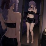 Hiiragi Shinoa from "Owari no Seraph". An SFW image: At a dim-lit bedroom, trying on a YSBsYXRleCB0d28tcGllY2VzIHNldA== set while posing in front of full body mirror. emphasize on anatomically correct portrayal.