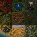 Make a grid of 3x3 (9 in total) images, all made in the technique of "Warcraft: II Tides of Darkness) in-game graphics (sprites, icons, other assets) replicated very precisely (the disntictive style of Warcraft II as opposite to the generic pixel art! exaggerate the art direction and avoid anything default/generic-looking). The images are featuring: a demonic griffin in volcanic landscape, a mermaid in a pond at a pine forest, an unicorn at a cursed pond, ruins of a temple in oak grove, an orkish camp in vasteland, a goblin tower in the middle of a swamp, a hydra at a sand coast with palm trees, a desert with dunes and distant pyramids, a marble palace surrounded by gardens with a gazebo and fountains.