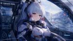 kamisato ayaka, a relaxed face with a blush, mecha pilot suit, chromatic aberration subtle, modern HUD interface, infographics
