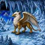 an image in the exact technique and art direction (non-pixelated, high-definition smoothly-done pixelwork, NOT pixelized) of in-game graphics assets (like in its sprites) from the 1996 game "Heroes of Might and Magic II" (MS-DOS) by NWC, with vibrant SVGA (NOT 16-bit) colors. a griffin in ice cavern