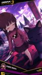 a vibrant lively artwork in style of "DJ Max Portable 3" for PSP. close-up view, dutch angle, perspective foreshortening, it features Madotsuki from "Yume Nikki", with her eyes closed, with a sleepy and serene look, walking through realm of a dream with distant pines and clouds, together iwth a large plush cat, holding him by paw an talking to him, while holding a knife in her other hand lowered
