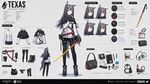 Texas (Cellinia Texas) Arknights. Generate a Full Character Concept Sheet based on the image. The final artwork should include: A full-body illustration of the character in the center. Surrounding breakdowns of: outfit layers, facial expressions, undergarments, material/texture close-ups, core props, lifestyle items and accessories. Layout: Center: main full-body character. Around the character: neatly arranged breakdown elements. Use hand-drawn arrows or lines to connect items to relevant parts. Breakdown Components: Clothing Layers: show garments as separate pieces; include inner layers. Expression Sheet: 3-4 headshots showing different emotions. Material Zoom: close-ups of fabric, leather, skin, or accessories. Personal Items: bag + contents, makeup items, daily-use objects that reflect lifestyle.