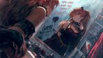 a vibrant lively artwork in style of Cytus by Rayark. close-up view, dutch angle, perspective foreshortening, it features Asuka Langley Souryuu who is standing in a bathroom in front of a mirror, after she decided to try 'goth' style on herself first time in spite of everyone