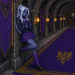 an image in the exact technique and art direction (non-pixelated, high-definition smoothly-done pixelwork with a perfect smooth upscaler applied, NOT pixelized) of in-game graphics assets (like in its sprites and textures) from the 1994 game "Warcraft II: Tides of Darkness" (MS-DOS) by Blizzard, with vibrant full-SVGA (NOT 16-bit) vivid colors. a dark elf schoolgirl in empty hall, leaning to a wall with a bored look