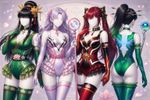 Make a high-quality professionally-made anime-style artwork (as in posts at Pixiv and Danbooru), with four female characters posing together, wearing the exact attires from the provided references in [Image 1], [Image 2], [Image 3], and [Image 4].

