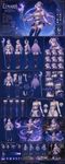 Create a professional (Pixiv/Behance/Naver) character sheet based on the character of this image (keep it very accurate and authentical, without altering anything in the initial design!). Include front, side, and back full-body views, plus a 3/4 view. Add a facial close-up with a range of expressions. Show a neutral standing pose and one dynamic pose that reflects the character’s personality.
Include outfit and accessory breakdowns, optionally showing layers or variations where appropriate. Add callouts for key elements. Also provide four options of alternative/optional original and highly-distinctive designs for the stockings/thighhighs/thigh-high legwear; and two options of leotards to replace the main attire (based on the default clothes design but reshaped into a leotard with high cut).
Include a small vignette illustrating the character in their everyday environment or routine, and an additional small scene capturing them in action. Also include a 2D sprite (in-game graphics asset, HD/*non-pixelated*) of this character from a "fighting" genre videogame where they are featured, and a render of a 3D model (low-poly, from a mobile game, but accurate) reproducing the same design accurately in 3D graphics. Also include a photography of a PVC figure (official merch) of this character.
Use a background that subtly reflects the character’s theme or environment (non-flat, non-modern but highly-sceuomorphic, 2000s-style with gel&lacquer designs, with resemblance of UIs in VN/Eroge games). Maintain consistent proportions across all views. Layout should be clean, organized, and readable, like a professional concept art sheet. Use the canvas space efficiently, with minimal gaps (to fill it to maximum extent, without wasting the space); overlaps are acceptable to save screen space. Do not allow wide gaps of empty space.
The drawing artistic technique (art direction) is matching the one in the reference provided; make it look very professionally-done, produced by a high-end senior artist of exceptional academical (fine arts) artistic skill (even if adapted to this specific stylization) with excellent and flawless portfolio-grade work.

