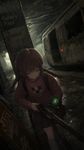 a vibrant lively artwork in style of Cytus by Rayark. close-up view, dutch angle, perspective foreshortening, it features Madotsuki from "Yume Nikki" in the world of Fallout 3, exploring a subway station with a hunting rifle, walking with caution, with her eyes closed and her pip-boy glowing faintly at the dim-lit subway station