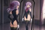 Make an artwork of Hiiragi Shinoa (from "Owari no Seraph") based on the references from the [Image]: the pose (as with PVC figure; but she is standing in front of full body mirror); the expression (as with the closeup shot); the alternative thigh-highs; the alternative attire design (leotard).

