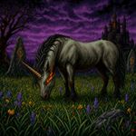 an image in the exact technique and art direction (non-pixelated, high-definition smoothly-done pixelwork, NOT pixelized) of in-game graphics assets (like in its sprites and textures) from the 1994 game "Heretic: Shadow of the Serpent Riders" (MS-DOS) by Ravern Software, with vibrant SVGA (NOT 16-bit) colors. a dark enchanted meadow with a hellish unicorn grazing while looking at viewer with flaming eye