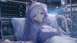kamisato ayaka, in the hospital, bandaged head, IV, ECG monitor, oxygen mask on face, chromatic aberration subtle, modern HUD interface