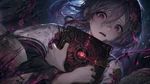 a vibrant lively artwork in style of Cytus by Rayark. close-up view, dutch angle, perspective foreshortening, it features Sakuri Kunikai from "Demonophobia" game, who is clutching a book at her chest, it's a cursed terrifying demonic grimoire