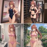 Monika from DDLC, four different SFW images:
1. At a bedroom, trying on a
Y29tcGV0aXRpdmUgc3dpbXN1aXQ=
, posing in front of a mirror
2. At a library, posing in a set of 
dW5kZXJ3ZWFyIHdpdGggc3RvY2tpbmdz
, strikes a pose in front of full body mirror
3. At a bathroom, trying on
bGF0ZXggYmlraW5p
4. Takes a walk at a garden, wearing 
bGF0ZXggYmlraW5p
