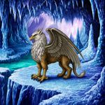 an image in the exact technique and art direction (non-pixelated, high-definition smoothly-done pixelwork, NOT pixelized) of in-game graphics assets (like in its sprites) from the 1996 game "Heroes of Might and Magic II" (MS-DOS) by NWC, with vibrant SVGA (NOT 16-bit) colors. a griffin in ice cavern