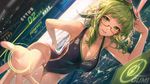 a vibrant lively artwork in style of Cytus by Rayark. close-up view, dutch angle, perspective foreshortening, it features megpoid Gumi wearing one-piece swimsuit and glasses, she is happy, serene, cheerful, friendly, amused, while posing for the viewer. (The anatomy shapes are exaggerated as in manga)