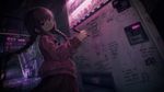 a vibrant lively artwork in style of Cytus by Rayark. close-up view, dutch angle, perspective foreshortening, it features Madotsuki from "Yume Nikki" standing with a pencil, and writing various phrases on a vending machine at abandoned subway station, those phrases are weird, nonsense, cringeworthy, odd, surreal, wacky