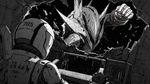 
An intense anime-style over-the-shoulder shot from behind Honoka Hou in her Knights of Sidonia pilot skin suit and helmet (with the number 705 painted on the top). The front dashboard and main screen of her cockpit are completely blown away, leaving a massive, jagged hole open to the vacuum of space. Through the shattered opening, a terrifying, massive Gauna mimicking a Type-15 Garde is visible, its massive red-and-white arm drawn back, winding up for a devastating, lethal punch. Space and stars in the background. Monochrome manga style, extreme tension, high detail.
The Type-18 Garde that Honoka Ho is in has number of 705.
