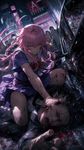 a vibrant lively artwork in style of Cytus by Rayark. close-up view, dutch angle, perspective foreshortening, it features Gasai Yuno (from "Mirai Nikki") at downtown, fighting and putting down a man in a bespoke dark suit, defeating him brutally and smashing into the black sleek sedan next to him, while a crowd of bystanders are filming them and reacting with shock and admiration
