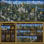 an image in the exact technique and art direction (non-pixelated, high-definition smoothly-done pixelwork with a perfect smooth upscaler applied, NOT pixelized) of in-game graphics assets (like in its sprites and textures) from the 1996 game "Heroes of Might and Magic II" (MS-DOS) by NWC, with vibrant SVGA (NOT 16-bit) colors. it features 'Orthodoxia', a fictional city consisting entirely of the architecture of Orthodox churches and buildings