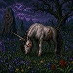 an image in the exact technique and art direction (non-pixelated, high-definition smoothly-done pixelwork, NOT pixelized) of in-game graphics assets (like in its sprites and textures) from the 1994 game "Heretic: Shadow of the Serpent Riders" (MS-DOS) by Ravern Software, with vibrant SVGA (NOT 16-bit) colors. a dark enchanted meadow with a hellish unicorn grazing while looking at viewer with flaming eye