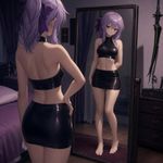 Hiiragi Shinoa from "Owari no Seraph". An SFW image: At a dim-lit bedroom, trying on a YSBsYXRleCB0d28tcGllY2VzIHNldA== set while posing in front of full body mirror. emphasize on anatomically correct portrayal.
