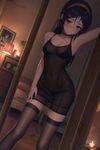 Mita from "MiSide". An SFW image: At a dim-lit bedroom with warm lighting, trying on a 𝕞𝕖𝕤𝕙 𝕕𝕣𝕖𝕤𝕤 𝕨𝕚𝕥𝕙 𝕟𝕪𝕝𝕠𝕟 𝕤𝕥𝕠𝕔𝕜𝕚𝕟𝕘𝕤 while posing in front of full body mirror. close-up, dutch angle