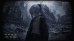 Dark anime style, Kamisato Ayaka from Genshin Impact, wearing casual outfit, exhausted expression, standing in a snowy ruined dystopian city, grimdark, rough digital painting, thick brush strokes, very bleak and depressing atmosphere, low saturation, muddy grey and cold blue tones. Old CRT TV filter, horizontal scanlines, VHS glitch, screen distortion, heavy vignette