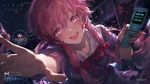 a vibrant lively artwork in style of Cytus and Sdorica by Rayark. close-up view, dutch angle, perspective foreshortening, it features Gasai Yuno (from "Mirai Nikki") who chirps cheerfully