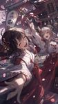 a vibrant lively artwork in style of Cytus by Rayark. close-up view, dutch angle, perspective foreshortening, it features two female characters in 2d anime style, wearing miko clothes, dancing at Shinto shrine casually and laughing happily