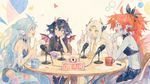Artstyle: watercolor with thin brushstrokes, artstyle similar to 'Flip Flappers', full-image wallpaper
Character: four monster girls having a roundtable discussion for a podcast, simple background
