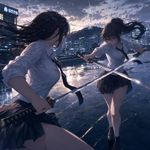an image in the exact technique (art direction) of an illustration from a light novel (ranobe) or a cover of a light novel, or a fullscreen 2DCG from a VN (visual novel) eroge game. two women is collared shirts and skirts are fighting each other at a rooftop in Seoul, one is wielding a katana and other is wielding twin longswords