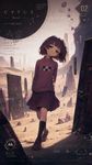 a vibrant lively artwork in style of Cytus by Rayark. it features Monoe from "Yume Nikki", she giggles while walks through desert with her smug smirk, her head tilted to side slightly
