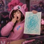 Diva from Overwatch in a Pinkie Pie costume yawns, the aqua paints drawing looks like it was done by a 5-year-old child, and it's all just scribbles