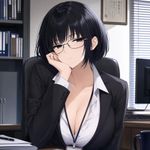 an image in the exact technique (art direction) of a fullscreen 2DCG from a VN (visual novel) eroge game. a woman with fair skin and deeply-black bob cut hairstyle, wearing glasses, she has a bored expression.