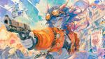 Artstyle: watercolor with thin brushstrokes, artstyle similar to 'Flip flappers', full-image wallpaper
Character: monster girl in a vivid orange bomber jacket, aviator glasses, action movie vibes