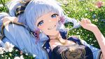 Kamisato Ayaka from Genshin Impact, lying in the grass, smiling, orthodontic braces on her teeth, braces are pronounced and shine in the sun, Kyoto Animation fluid style, harsh midday high-contrast, highly detailed masterpiece, best quality, masterpiece, absurdres