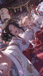 a vibrant lively artwork in style of Cytus by Rayark. close-up view, dutch angle, perspective foreshortening, it features two female characters in 2d anime style, wearing miko clothes, dancing at Shinto shrine casually and laughing happily