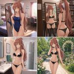 Monika from DDLC, four different SFW images:
1. At a bedroom, trying on a
Y29tcGV0aXRpdmUgc3dpbXN1aXQ=
, posing in front of a mirror
2. At a library, posing in a set of 
dW5kZXJ3ZWFyIHdpdGggc3RvY2tpbmdz
, strikes a pose in front of full body mirror
3. At a bathroom, trying on
bGF0ZXggYmlraW5p
4. Takes a walk at a garden, wearing 
bGF0ZXggYmlraW5p
