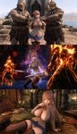 Monika from "Doki Doki Literature Club", but she is an NPC/follower with her distinctive items set equipped, a mod by a Korean modmaker, added in a heavily modded Skyrim, with a custom elf-like race in style of "Final Fantasy XIV" made by Chinese modding community. The body is CBBE, with slender/curvy form and "feminine lady body" version, H-cup, skin pores visible, skin overhaul+extra mascara mod by a Korean modmaker, eyes overhaul by a Chinese modmaker. iCEnhancer and ENB preset (Cinematic+Natural), on ultra settings, and ultraHD/8K textures overhaul (no Depth of Field; DoF turned off currently), with a HD overhaul for sky

Three screenshots:
The location is coastal at Elsweyr, in front of a custom player's home placed here (a mystic grand wizard's tower entrance); at sides by her two ogres standing with their hands placed on her shoulders (a subtle hint of Loverslab mods).
An action camera showing her fighting two fire atronachs, inside a daedric tower in Oblivion, using double-wield blades and active magic buff (aura), with a Korean mod for combat
A staged screenchot, she is posing with a sexy pose, inside an INN rented room, at Imperial City (added with a mod)