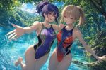 Make a high-quality professionally-made anime-style artwork (as in posts at Pixiv and Danbooru), with two women at a lake in a forest grove, posing together, wearing the swimsuits from the references in [Image 1] and [Image 2]. Implement dynamical poses, storytelling and panoramic anime-style background, anime-stylized faces with beautiful fine-detailed eyes.

