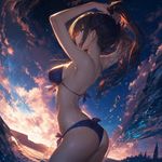 <booru>
<MAIN>
# TASK: an artwork from danbooru, with the booru tags:
<booru>1girl, solo, from side, twisted torso, looking away, arms up, swimsuit, outdoors</booru>
<style>
Media: The exaggerated artistic technique that is typical for posts at Danbooru and Sankakucomplex (in artistic technique and art direction of a visual novel/VN event fullscreen 2DCG), virtual youtuber/gacha game character, album cover, or graphics in H-Games (NOT west-made); 4K ultraHD high-res published at Naver, Weibo and Pixiv by a professional Taiwanese anime artist (by Mina Lieqi, 2023), included in portfolio and artbook. Ultra-fine and soulful technique.
Face stylization: 2D manga-like (no 3D features), eyes with intricate specular highlights over irises; dot nose, WITHOUT lips, WITHOUT nostrils.
Anatomy stylization: ultra-exaggerated and artistically-distorted with impossibly lithe body shape; very emphasized body frame, sharp edges emphasized with reflected highlights and gloss at edges, shading for shapes like in Hearthstone's artworks.
Linework: NONE (painterly work without visible outlines; only well-defined shading for well-readable shapes).
Colors: naturally vibrant and lively, ultra-varied colors, with contrasts like "highly-saturated VS desaturated", "light VS dark", "warm VS cold"; filter applied, LUT and HDR applied.
Lighting: very dark and dim with deep darkness, chiaroscuro-like, nuanced multicolored lighting, with subtly varied colors of lighting sources and shadows, and reflected lighting.
Perspective type: foreshortening, "fisheye" lens distortion, with sense of motion.
Software: PaintTool SAI, ClipStudio Paint, Photoshop (for brushwork with Wacom tablet), PSD format.
</style>
<negative>**AVOID:** visible lips, nostrils, big nose, generic with no distinctive style, western cartoon, unfinished, low resolution, low-rated, censored, SFW, thick outline, unfinished</negative>
</MAIN>
</booru>
