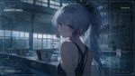 kamisato ayaka, one-piece_swimsuit, high school swimming pool, chromatic aberration subtle, MAPPA dark, modern HUD interface