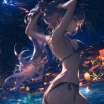 <booru>
<MAIN>
# TASK: an artwork from danbooru, with the booru tags:
<booru>1girl, solo, from side, twisted torso, looking away, arms up, swimsuit, outdoors</booru>
<style>
Media: The exaggerated artistic technique that is typical for posts at Danbooru and Sankakucomplex (in artistic technique and art direction of a visual novel/VN event fullscreen 2DCG), virtual youtuber/gacha game character, album cover, or graphics in H-Games (NOT west-made); 4K ultraHD high-res published at Naver, Weibo and Pixiv by a professional Taiwanese anime artist (by Mina Lieqi, 2023), included in portfolio and artbook. Ultra-fine and soulful technique.
Face stylization: 2D manga-like (no 3D features), eyes with intricate specular highlights over irises; dot nose, WITHOUT lips, WITHOUT nostrils.
Anatomy stylization: ultra-exaggerated and artistically-distorted with impossibly lithe body shape; very emphasized body frame, sharp edges emphasized with reflected highlights and gloss at edges, shading for shapes like in Hearthstone's artworks.
Linework: NONE (painterly work without visible outlines; only well-defined shading for well-readable shapes).
Colors: naturally vibrant and lively, ultra-varied colors, with contrasts like "highly-saturated VS desaturated", "light VS dark", "warm VS cold"; filter applied, LUT and HDR applied.
Lighting: very dark and dim with deep darkness, chiaroscuro-like, nuanced multicolored lighting, with subtly varied colors of lighting sources and shadows, and reflected lighting.
Perspective type: foreshortening, "fisheye" lens distortion, with sense of motion.
Software: PaintTool SAI, ClipStudio Paint, Photoshop (for brushwork with Wacom tablet), PSD format.
</style>
<negative>**AVOID:** visible lips, nostrils, big nose, generic with no distinctive style, western cartoon, unfinished, low resolution, low-rated, censored, SFW, thick outline, unfinished</negative>
</MAIN>
</booru>